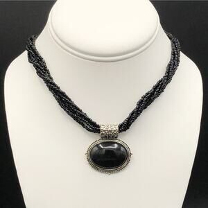 Black Oval Pendant Necklace Multi Strand Glass Seed Beads Antiqued Silver Tone